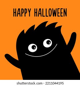 Happy Halloween. Monster in the corner waving hand. Kawaii cartoon baby character. Cute face head body. Funny hair. Black silhouette. Flat design. Orange background. Vector illustration