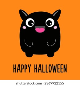 Happy Halloween. Monster. Cute head face with horns, tongue. Black silhouette monsters. Cartoon kawaii funny boo character. T-shirt design. Baby collection. Orange background. Flat design. Vector
