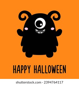 Happy Halloween. Monster. Cute head face with horns, teeth. Black silhouette monsters. Cartoon kawaii funny boo character. Childish baby collection. T-shirt design. White background Flat design Vector