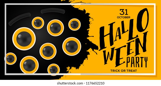 Happy halloween monster eyes on black splash background. Trick or Treat hand lettering. Vector illustration. Mesh elements. Web banner, invitation