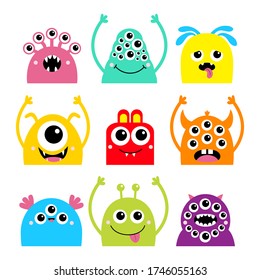 Happy Halloween. Monster face head icon set. Cute cartoon kawaii colorful scary funny character. Eyes, horns, hands up, tongue, fang teeth. Baby collection. White background. Flat design. Vector