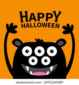 Happy Halloween. Monster face head black silhouette. Eyes, teeth fang, ears, hair, hands up. Cute cartoon kawaii funny character. Baby kids collection. Flat design. White background. Isolated. Vector