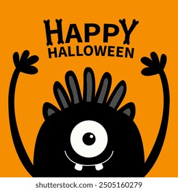 Happy Halloween. Monster face head black silhouette. One eye, teeth fang, hands up. Cute cartoon kawaii funny character. Baby kids collection. Flat design. White background. Isolated. Vector