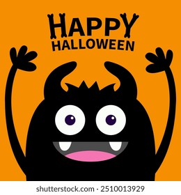 Happy Halloween. Monster face head black silhouette. Eyes, teeth fang, horns, hands up. Cute cartoon kawaii funny character. Baby kids collection. Flat design. Isolated. White background. Vector