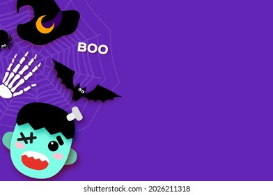 Happy Halloween. Monster Frankenstein. Trick or treat. Bat, spider, web, bones. Space for text Purple Vector