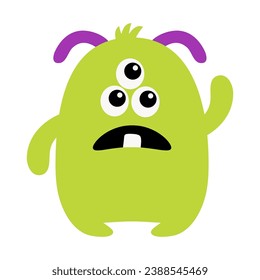 Happy Halloween. Monster green silhouette head face icon. Three eyes, tooth fang, ears, hands. Cute cartoon kawaii scary funny smiling baby character. Flat design. White background. Isolated. Vector