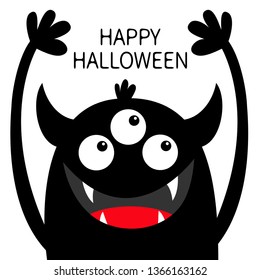 Happy Halloween. Monster head black silhouette. Three eyes, teeth fang, horns, hands up. Cute kawaii cartoon funny character. Baby kids collection.  