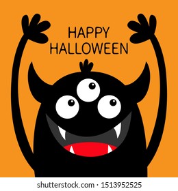 Happy Halloween. Monster head black silhouette. Three eyes, teeth fang, horns, hands up. Cute kawaii cartoon funny character. Baby kids collection. Flat design. Isolated. Orange background. Vector