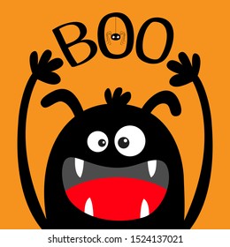 Happy Halloween. Monster head black silhouette. Eyes, ears, teeth fang, tongue, hands up. Boo text. Hanging spider. Cute cartoon kawaii funny baby kids character. Flat design. Orange background Vector