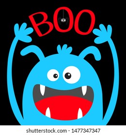 Happy Halloween. Monster head blue silhouette. Eyes, ears, teeth fang, tongue, hands up. Boo text. Hanging spider. Cute cartoon kawaii funny baby kids character. Flat design. Black background. Vector
