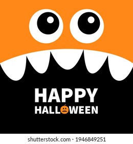 Happy Halloween. Monster head. Boo Spooky Screaming face emotion. Two eyes, teeth fang, mouse. Square head. Cute cartoon character. Flat design. Orange color. Black background template. Vector