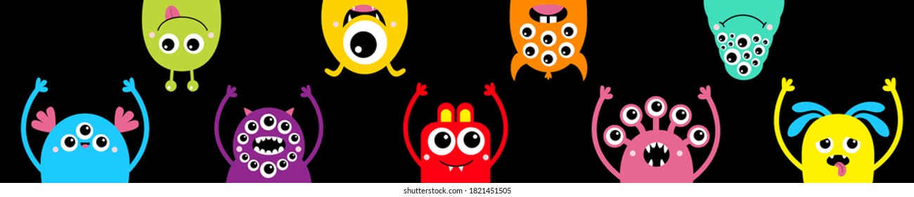 Happy Halloween. Monster head face icon set line. Colorful silhouette. Eyes, tongue, tooth fang, hands up. Cute cartoon kawaii scary funny baby character. Black background. Flat design. Vector