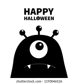 Happy Halloween. Monster head silhouette. One eye, teeth, fang. Black Funny Cute cartoon character. Baby collection. Flat design. White background. Isolated. Vector illustration