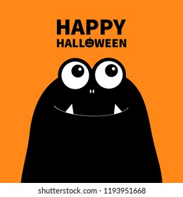 Happy Halloween. Monster head silhouette. Two eyes, teeth, fang. Black Funny Cute cartoon character. Baby collection. Flat design. Orange background. Vector illustration