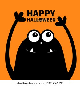 Happy Halloween. Monster head silhouette. Two eyes, teeth fang, hands. Hanging upside down. Black Funny Cute cartoon character. Baby collection. Flat design. Orange background Isolated. Vector