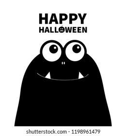 Happy Halloween. Monster head silhouette. Two eyes, teeth, fang. Black Funny Cute cartoon character. Baby collection. Flat design. White background. Vector illustration