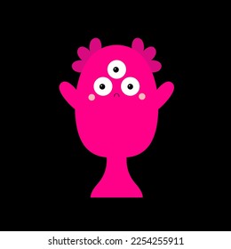 Happy Halloween. Monster head silhouette. Pink animal. Cute Kawaii funny cartoon baby character. Three eyes. Sad face. Boo. Sticker print. Flat design. Black background. Vector illustration