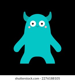 Happy Halloween. Monster head silhouette. . Blue animal. Cute Kawaii funny cartoon baby character. Horns, eyes. Happy face. Boo. Sticker print. Flat design. Black background. Vector illustration