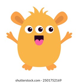 Happy Halloween. Monster holding hands up. Orange silhouette icon. Three eyes, ears, tongue. Cute cartoon kawaii smiling funny baby character. Childish style. Flat design. White background. Vector