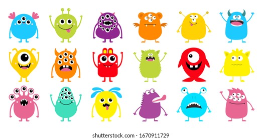 Happy Halloween. Monster icon big set. Cute kawaii cartoon colorful scary funny character. Eyes, tongue, hands, horns, fang teeth . Funny baby collection. White background Isolated Flat design. Vector