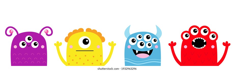 Happy Halloween. Monster icon line set. Cute kawaii cartoon baby character. Funny face head colorful silhouette. Hands up. Eyes teeth fang horn tongue. Flat design White background Vector illustration