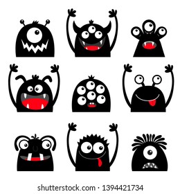 Happy Halloween. Monster icon set. Black silhouette head face. Eyes, tongue, tooth fang, hands up. Cute cartoon kawaii scary funny baby character. White background. Flat design. Vector illustration