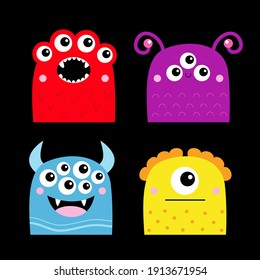Happy Halloween. Monster icon set. Cute kawaii cartoon baby character. Funny face head colorful silhouette. Eyes teeth fang horn tongue. Flat design. Black background. Vector illustration