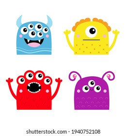 Happy Halloween. Monster icon set. Cute kawaii cartoon baby character. Eyes teeth fang horn tongue, hands up. Funny face head colorful silhouette. Flat design. White background. Vector illustration