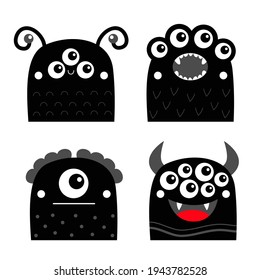 Happy Halloween. Monster icon set. Kawaii cute cartoon baby character. Funny face head black silhouette. Eyes teeth fang horn tongue. Flat design. White background. Vector illustration