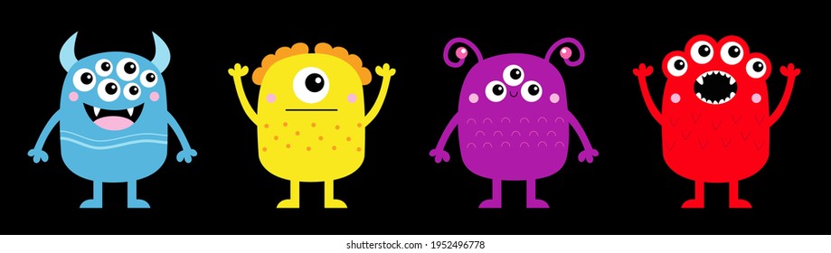 Happy Halloween. Monster icon set line banner. Cute kawaii cartoon baby character. Funny face head colorful silhouette. Hands up, down. Eyes teeth fang horn tongue. Flat design Black background Vector