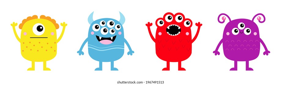 Happy Halloween. Monster icon set line banner. Cute kawaii cartoon baby character. Funny face head colorful silhouette. Hands up, down. Eyes teeth fang horn tongue. Flat design White background Vector