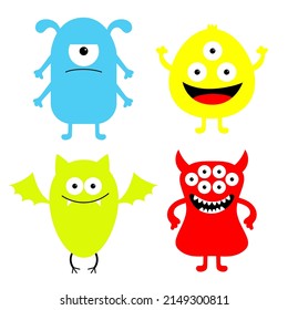 Happy Halloween. Monster icon set. Kawaii cute cartoon funny baby character. Colorful silhouette. Sticker print. Eyes, horn, fang teeth tongue, wings. Green bat. Flat design. White background. Vector