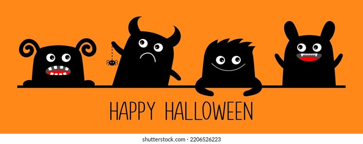 Happy Halloween. Monster icon set line. Cute cartoon kawaii baby character. Eyes teeth fang tongue fur, hands. Funny face head black silhouette. Flat design. Orange background. Vector illustration