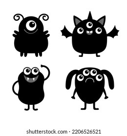 Happy Halloween. Monster icon set. Black silhouette. Cute kawaii cartoon baby character. Sticker print template. Eyes, horn, fang teeth tongue. Funny face. Flat design. White background. Vector