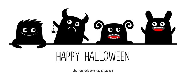 Happy Halloween. Monster icon set line. Cute cartoon kawaii baby character. Funny face head black silhouette. Eyes teeth fang tongue fur, hands. Flat design. White background. Vector illustration