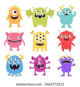 Happy Halloween. Monster icon set. Cute kawaii cartoon funny baby character. Sticker print. Colorful silhouette. Eyes, fang teeth, horn, wing. Childish style. Flat design. White background. Vector