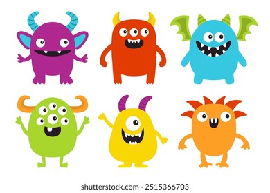 Happy Halloween. Monster icon set. Cute kawaii cartoon funny baby character. Colorful silhouette. Horns, wings, fang teeth, eyes. Sticker print. Childish style. Flat design. White background. Vector