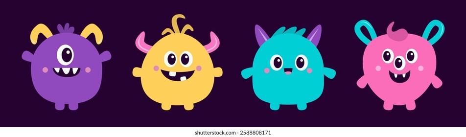 Happy Halloween. Monster icon set line. Cartoon kawaii funny character. Colorful silhouette monsters. Cute face with horns, teeth, eyes hands. Childish collection. Flat design Black background Vector