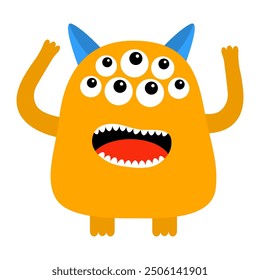 Happy Halloween. Monster with many eyes, ears, tongue, fang teeth. Orange silhouette icon. Cute cartoon kawaii smiling funny baby character. Childish style. Flat design. White background. Vector