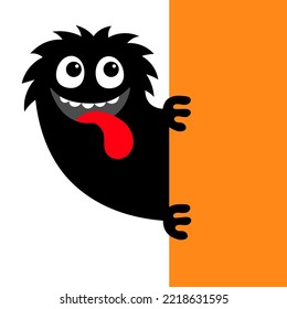 Happy Halloween. Monster peek from corner. Black head face silhouette. Cute Funny Kawaii cartoon character. Eyes, teeth, hands. Showing tongue. Sticker print. Boo. Flat design Orange background Vector