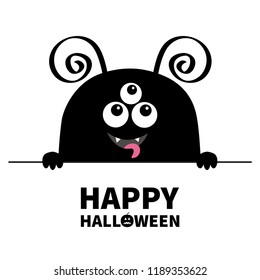 Happy Halloween. Monster scary face head icon. Hands paw holding line. Horns, fang, tongue. Cute cartoon boo spooky character. Black silhouette. Kawaii funny baby. Flat design. White background Vector