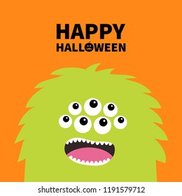 Happy Halloween. Monster scary screaming face head icon. Eyes, fang tooth. Cute cartoon boo spooky character. Green silhouette. Kawaii funny baby. Flat design. Orange background Vector illustration