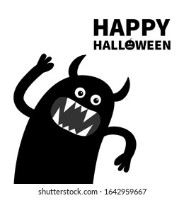 Happy Halloween. Monster screaming spooky silhouette. Two eyes, teeth fang, hands up. Black Funny Cute cartoon kawaii character. Baby collection. Flat design. White background. Vector illustration
