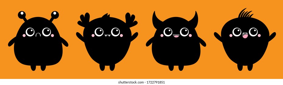 Happy Halloween. Monster set black silhouette. Baby icon. Cute cartoon kawaii scary funny character. Eyes, tooth fang, tongue, hands up. Isolated. Orange background. Flat design. Vector illustration