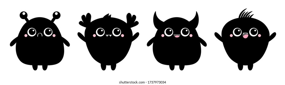 Happy Halloween. Monster set black silhouette. Baby icon. Cute cartoon kawaii scary funny character. Eyes, tooth fang, tongue, hands up. White background. Isolated. Flat design. Vector illustration