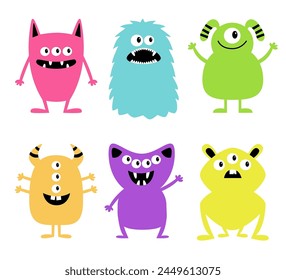 Happy Halloween. Monster set. Cartoon kawaii funny boo baby character. Colorful silhouette monsters. Cute different face. Teeth, eyes, horns, hands. Childish style. White background Flat design Vector