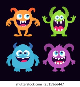 Happy Halloween. Monster set. Cartoon kawaii funny baby character. Smiling face. Cute colorful monsters silhouette icon. Horns, eyes, teeth, hands. Flat design. Childish style. Black background Vector