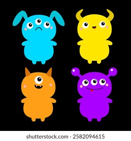 Happy Halloween. Monster set. Cartoon kawaii funny character. Colorful silhouette monsters. Cute face with teeth, horns, eyes, hands. Childish baby collection. Flat design. Black background. Vector