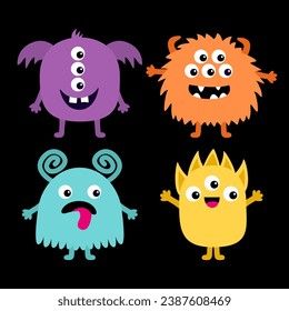 Happy Halloween. Monster set. Colorful monsters with different emotions. Funny smiling face head. Cartoon kawaii boo baby character. Childish collection. Black background. Flat design. Vector