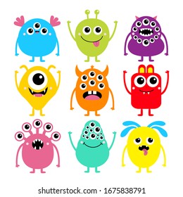 Happy Halloween. Monster set. Cute kawaii cartoon colorful scary funny character icon. Eyes, tongue, hands, horns, fang teeth . Funny baby collection. Isolated. White background Flat design. Vector